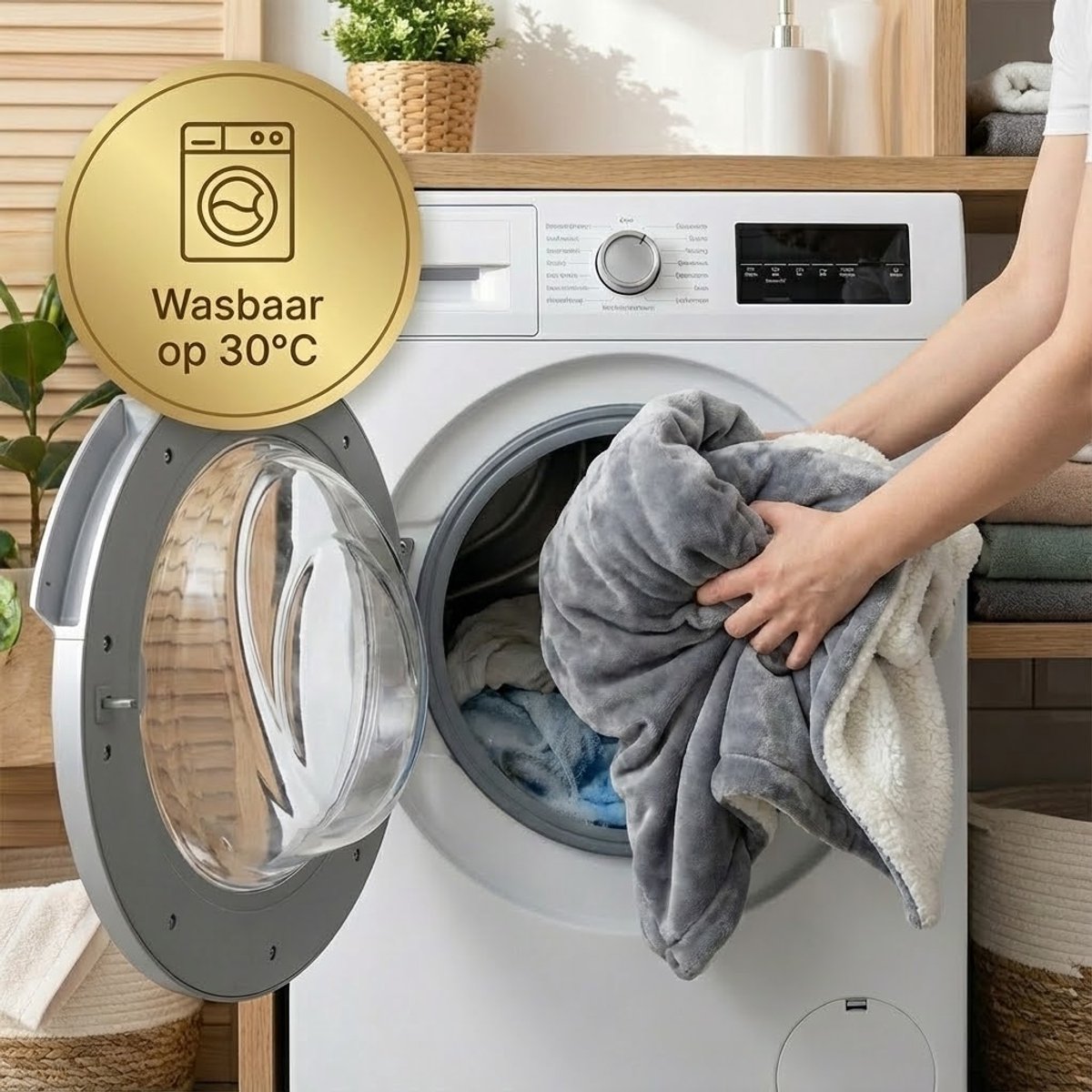 OMNIEXA elektrische warmtedeken grijs/wit gaat in de wasmachine op 30 graden