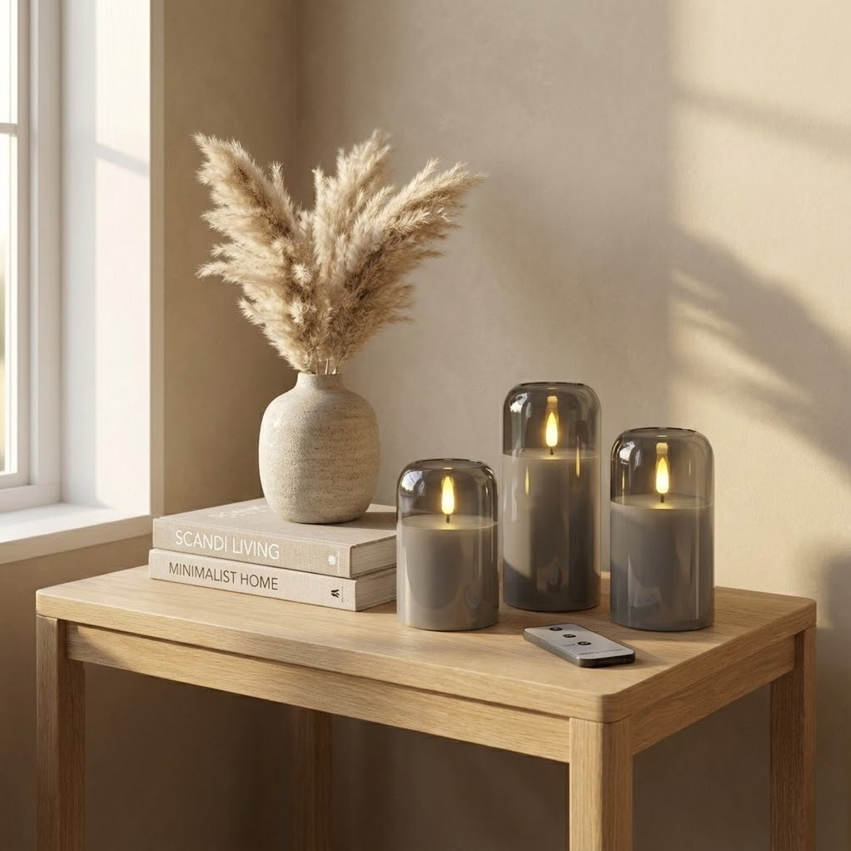 OMNIEXA LED glaskaarsen smoked grey met afstandsbediening op een houten tafel
