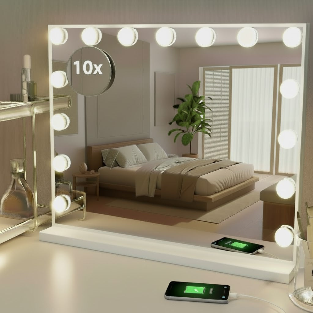 OMNIEXA Hollywood spiegel wit 58 × 46 cm met 10x detailspiegel op een kaptafel