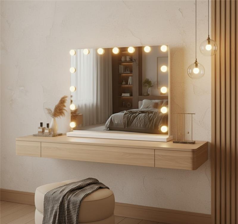 OMNIEXA Hollywood spiegel Capucine met Bluetooth op een houten kaptafel