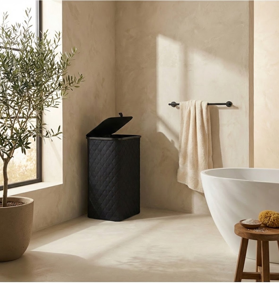 MAZAZU Wasmand met Deksel - Diamond Stitch - 100 Liter - Uitneembare Binnenzak - Bamboe Frame - Zwart - Opvouwbare Wasbox - 44x33x69 cm