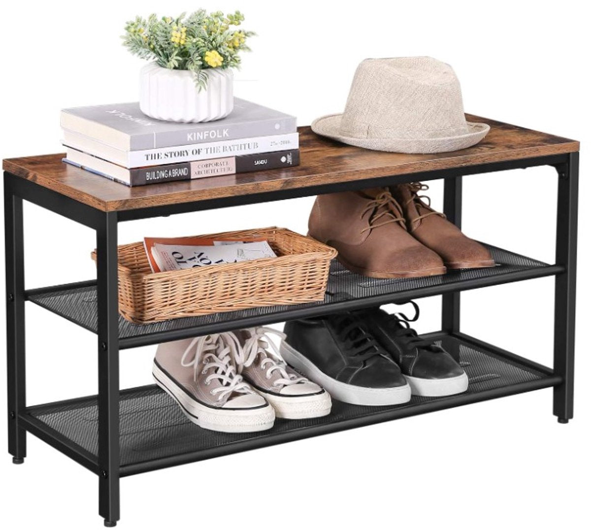 MAZAZU Schoenenrek Industrieel - 80x30x44cm - Metaal en Hout - Voor Hal & Entree