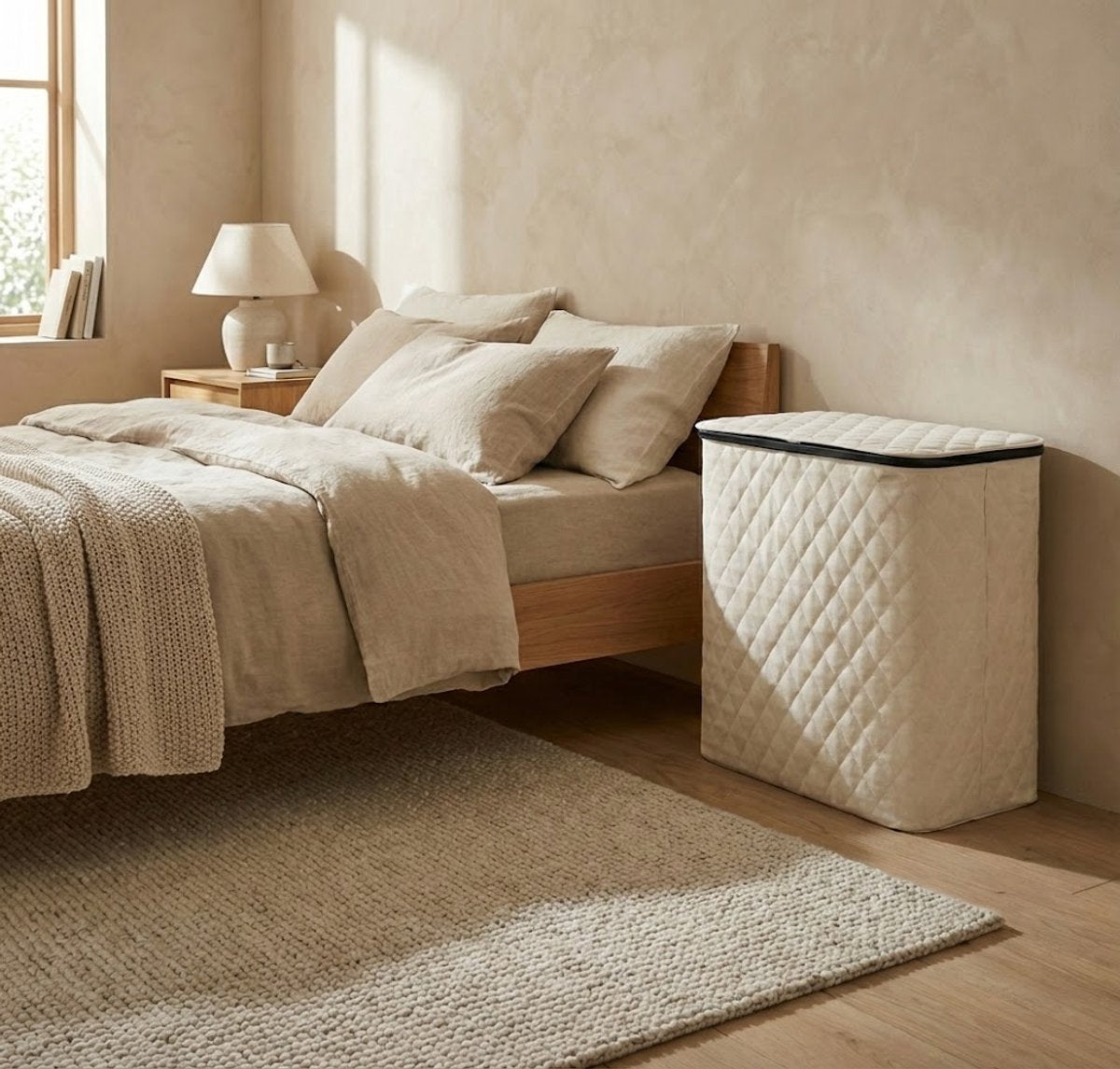 MAZAZU Wasmand met Deksel & Uitneembare Waszak - XXL 132 Liter - Diamond Stitch - Bamboe Frame - Crème Wit - 57x37x63 cm