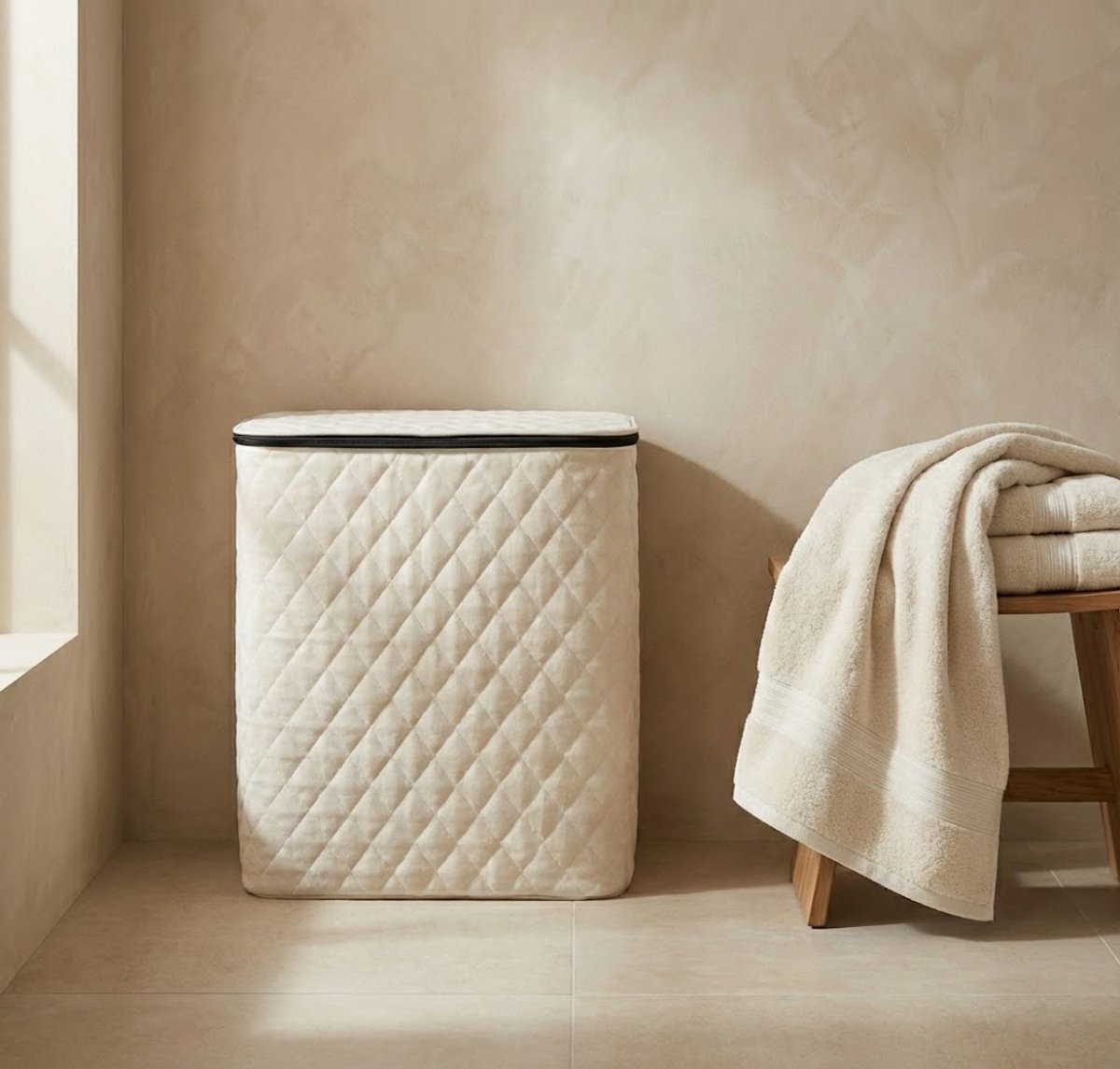 MAZAZU Wasmand met Deksel & Uitneembare Waszak - XXL 132 Liter - Diamond Stitch - Bamboe Frame - Crème Wit - 57x37x63 cm