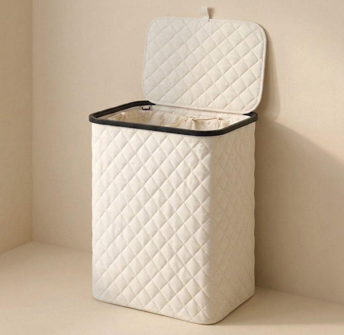 MAZAZU Wasmand met Deksel - 100 Liter - Uitneembare Binnenzak - Bamboe Frame - Crème Wit - Opvouwbare Wasbox - 44x33x69 cm