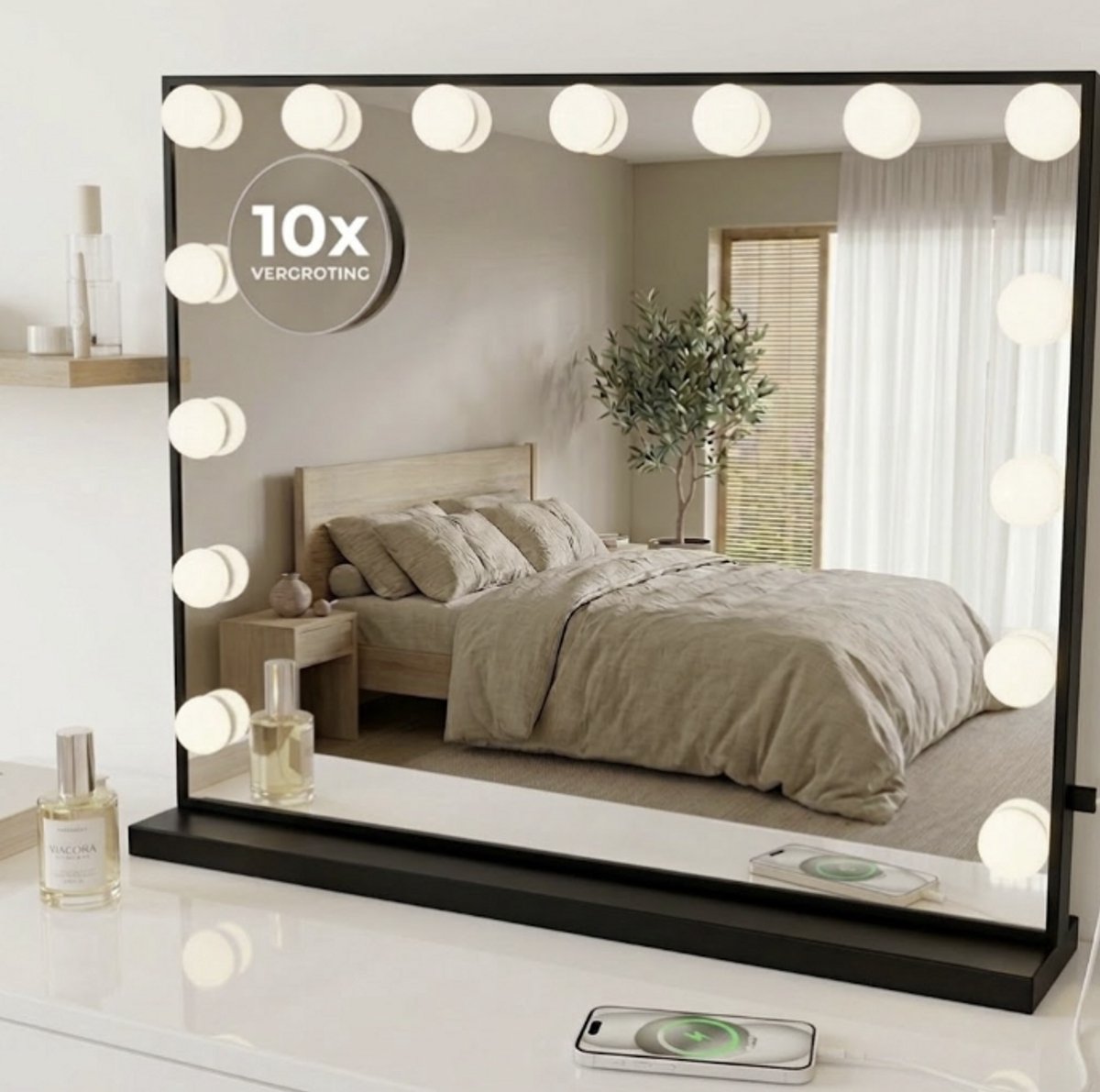 OMNIEXA Hollywood Spiegel 58x46cm - 15 LED Lampen - 3 Lichtkleuren - USB-C - Make Up Spiegel - Zwart