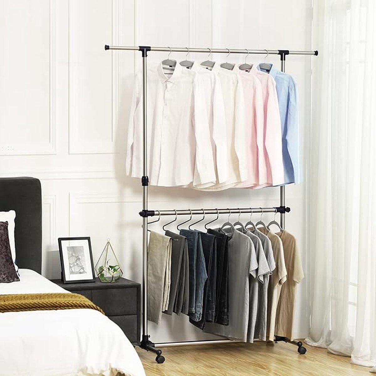 MAZAZU Dubbele Kledingrek met wielen - Staal Kalenor