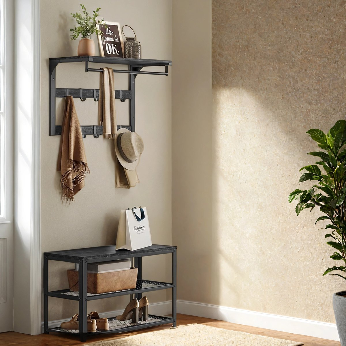 MAZAZU Industriele Wandkapstok Zwart Pyralon