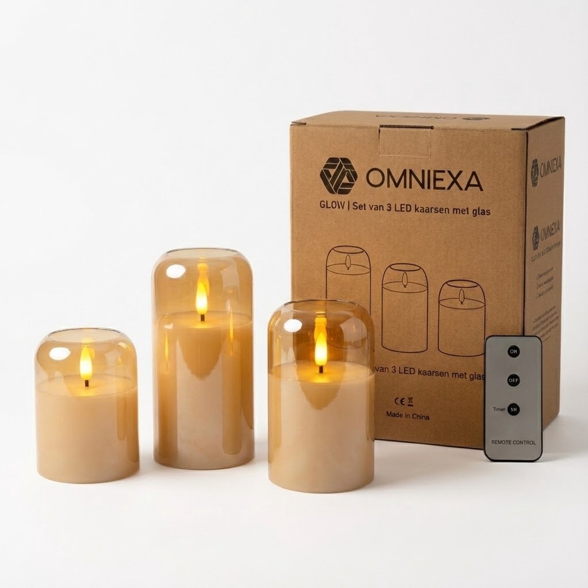 OMNIEXA LED Glaskaarsen Set (3 Stuks) - 3D Vlam - Gold/Amber Glas