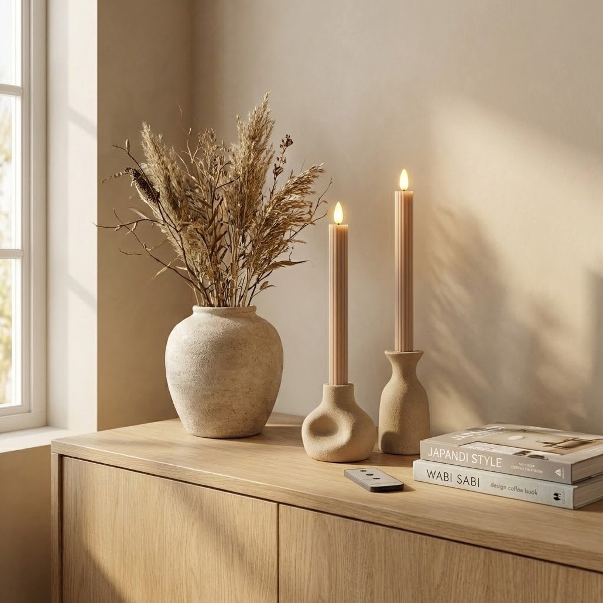 OMNIEXA LED Dinerkaarsen Set (2 Stuks) - Ribbed Design Taupe - 24,5cm