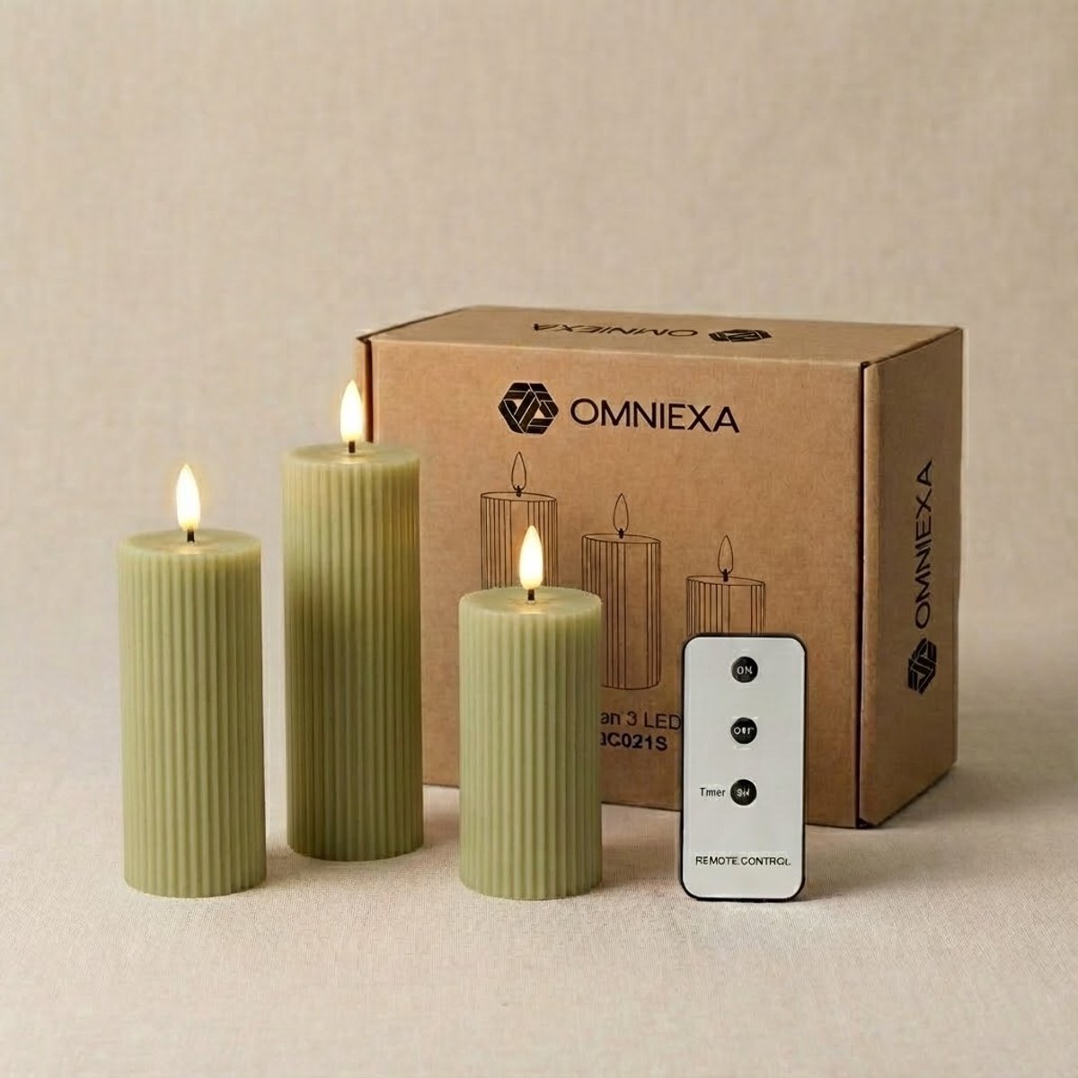 OMNIEXA LED Stompkaarsen Set (3 Stuks) - Ribbed Design Taupe / Grijs