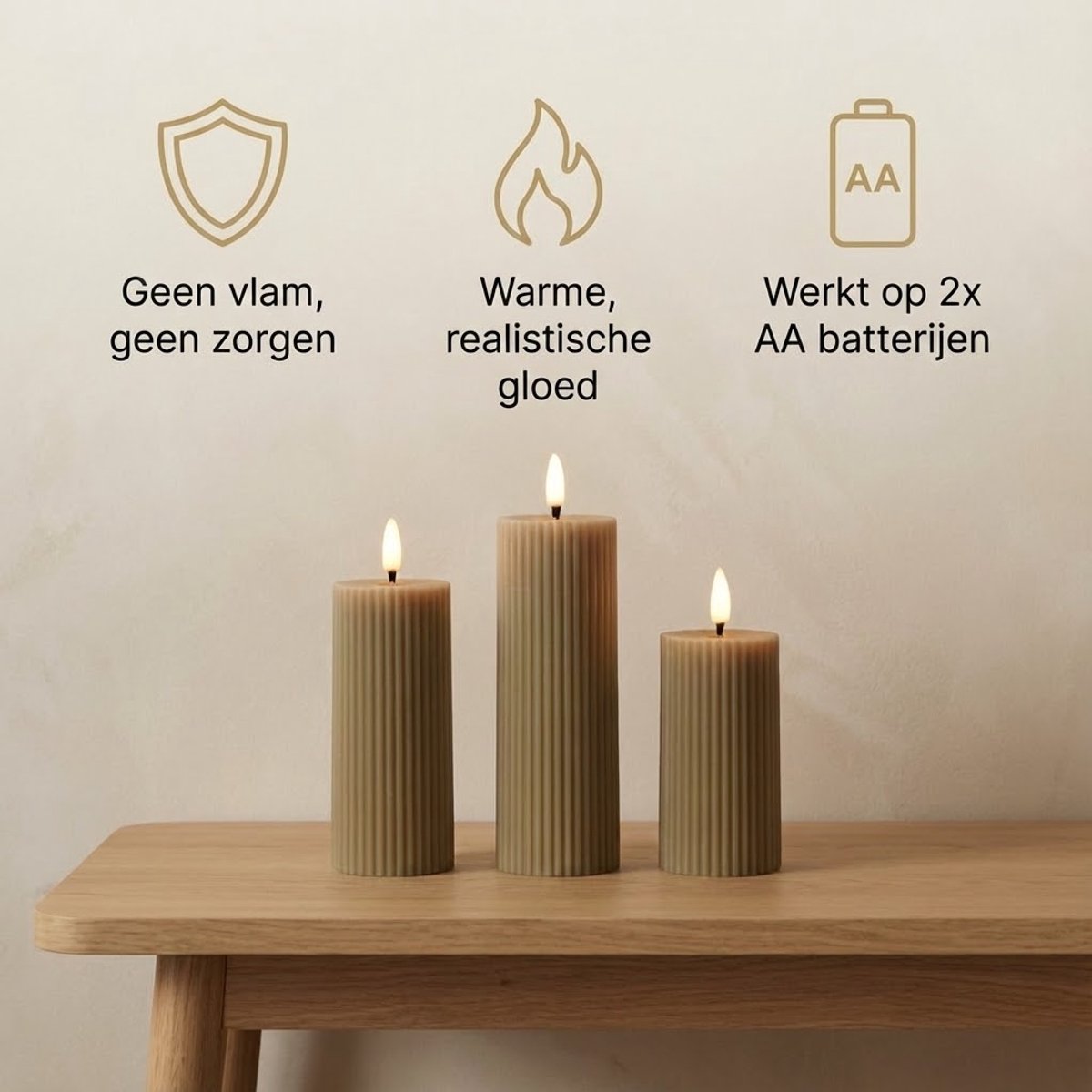 OMNIEXA LED Stompkaarsen Set (3 Stuks) - Ribbed Design Taupe / Grijs