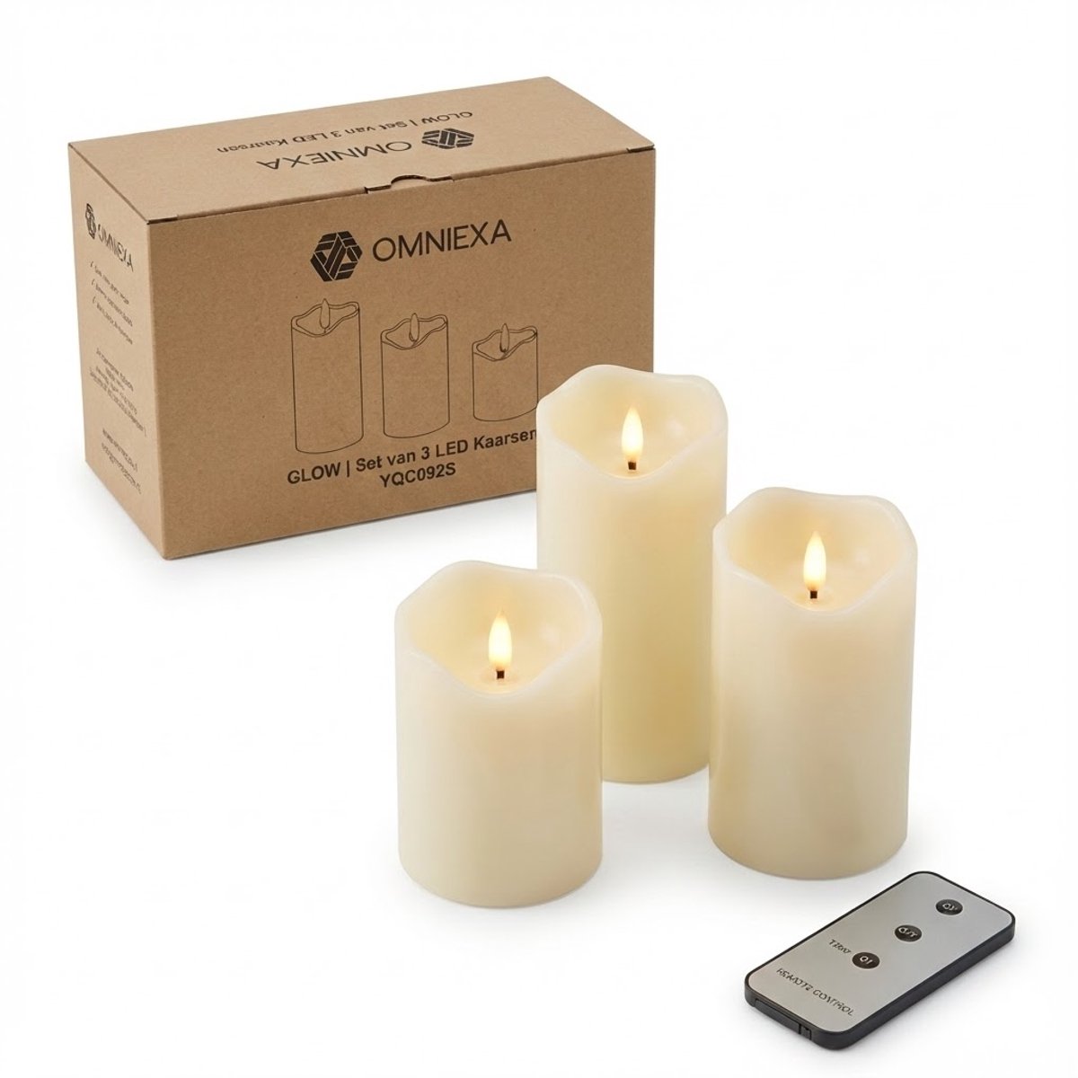 OMNIEXA LED Stompkaarsen Set (3 Stuks) - Wave Top & Glad Design - Crème