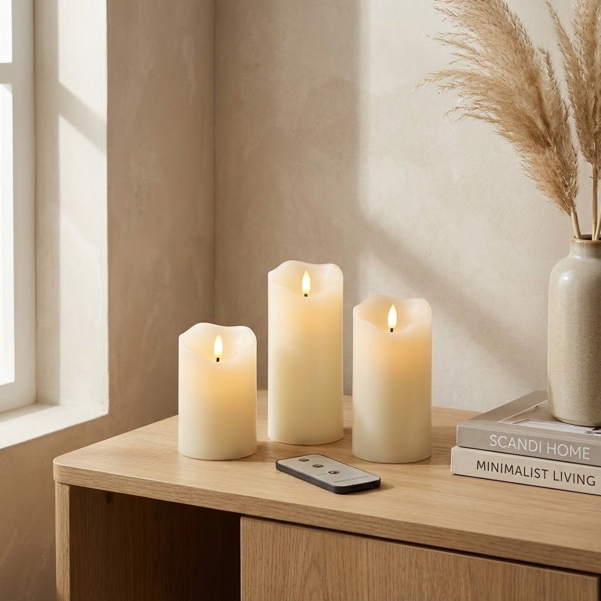 OMNIEXA LED Stompkaarsen Set (3 Stuks) - Wave Top & Glad Design - Crème