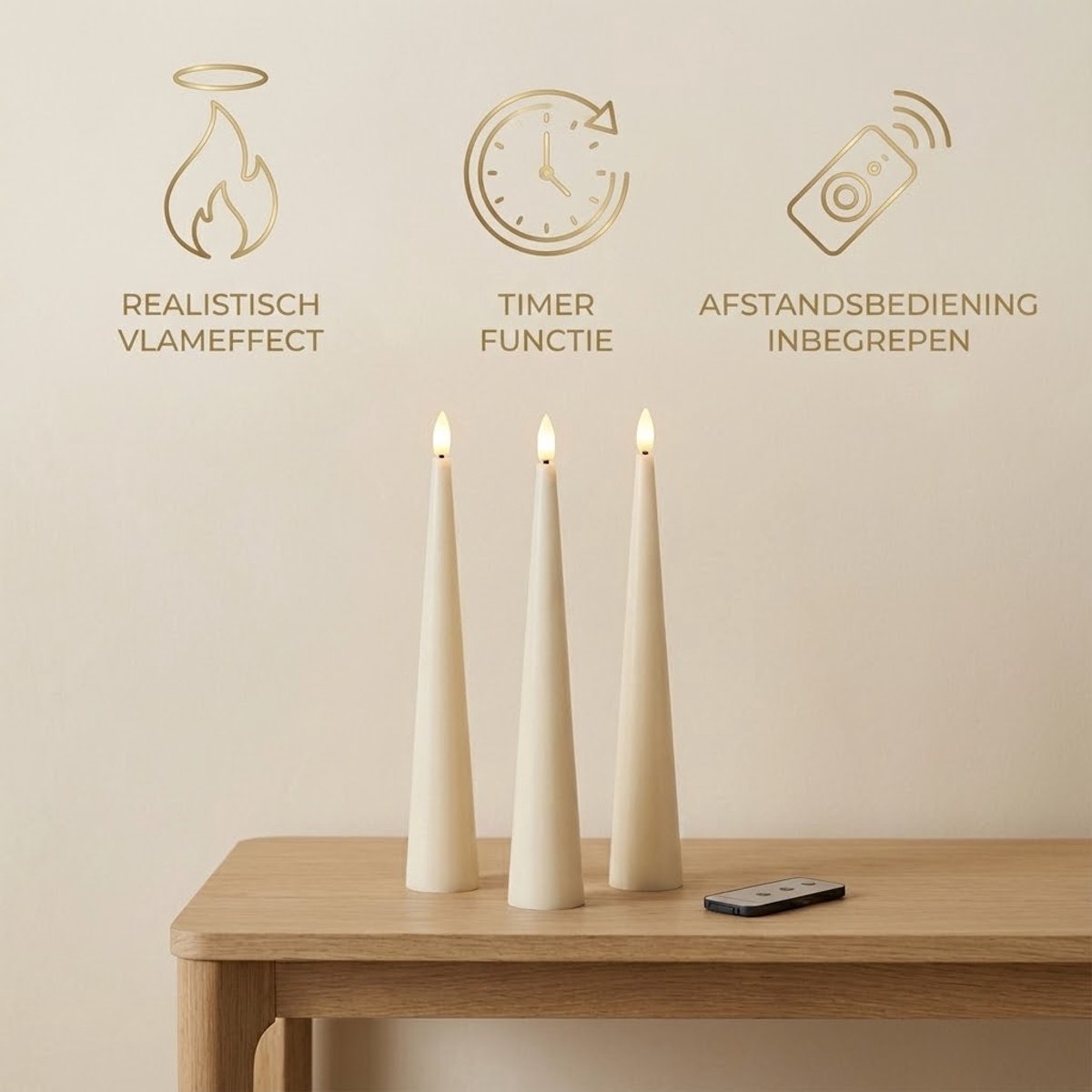 OMNIEXA LED Kegelkaars Crème - Glad Cone Design - 33,5cm