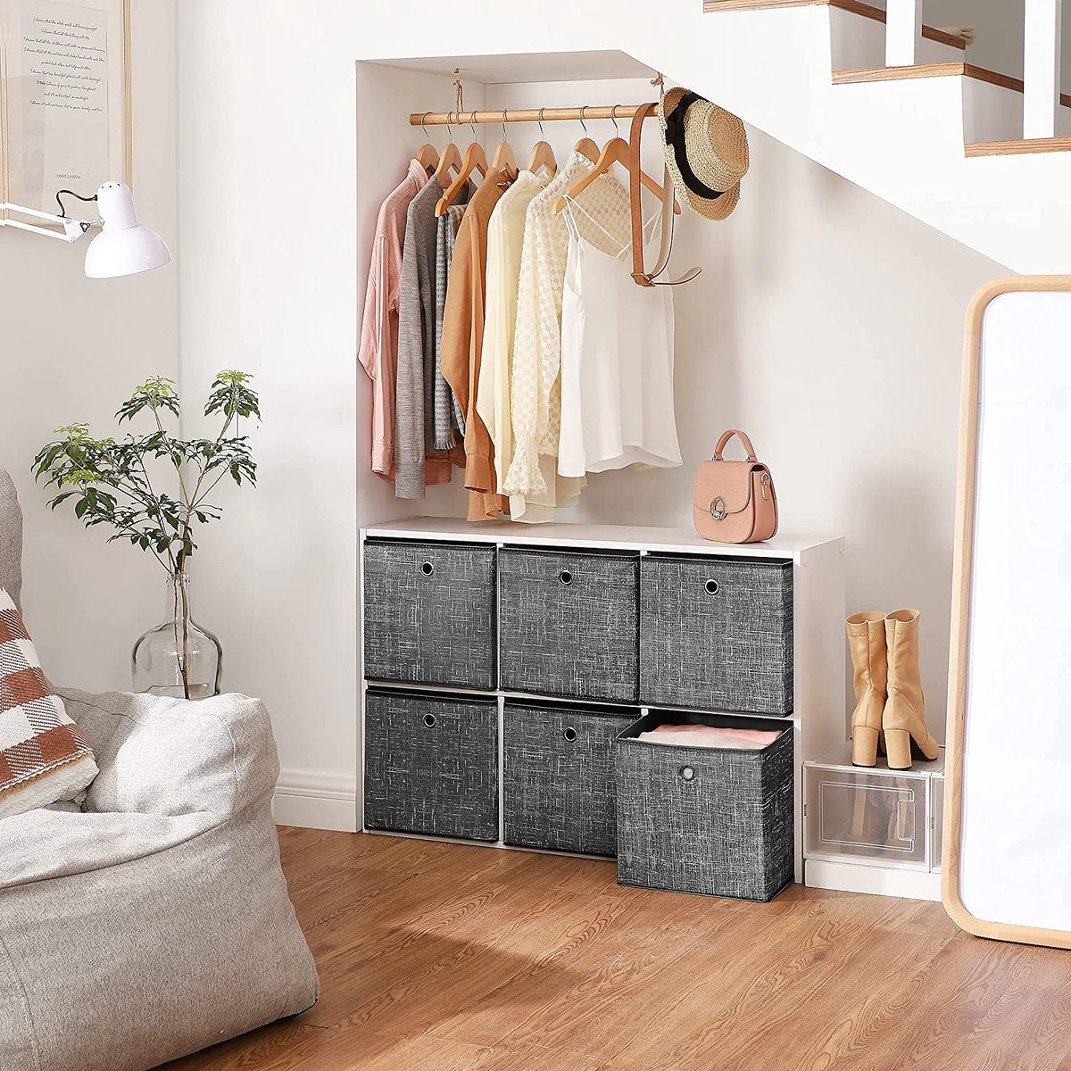 MAZAZU Opbergdozen Set van 6 - Stof - Donker Grijs - 30x30x30