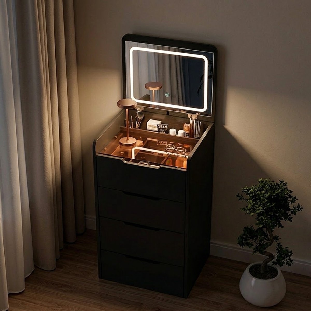 MAZAZU kaptafel met LED spiegel zwart - verlichte opbergruimte