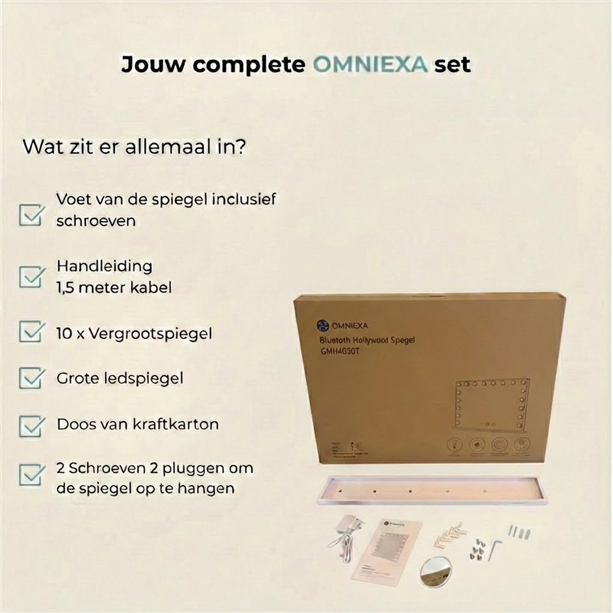 OMNIEXA Hollywood spiegel wit 58x46 cm met Bluetooth - inhoud van de doos