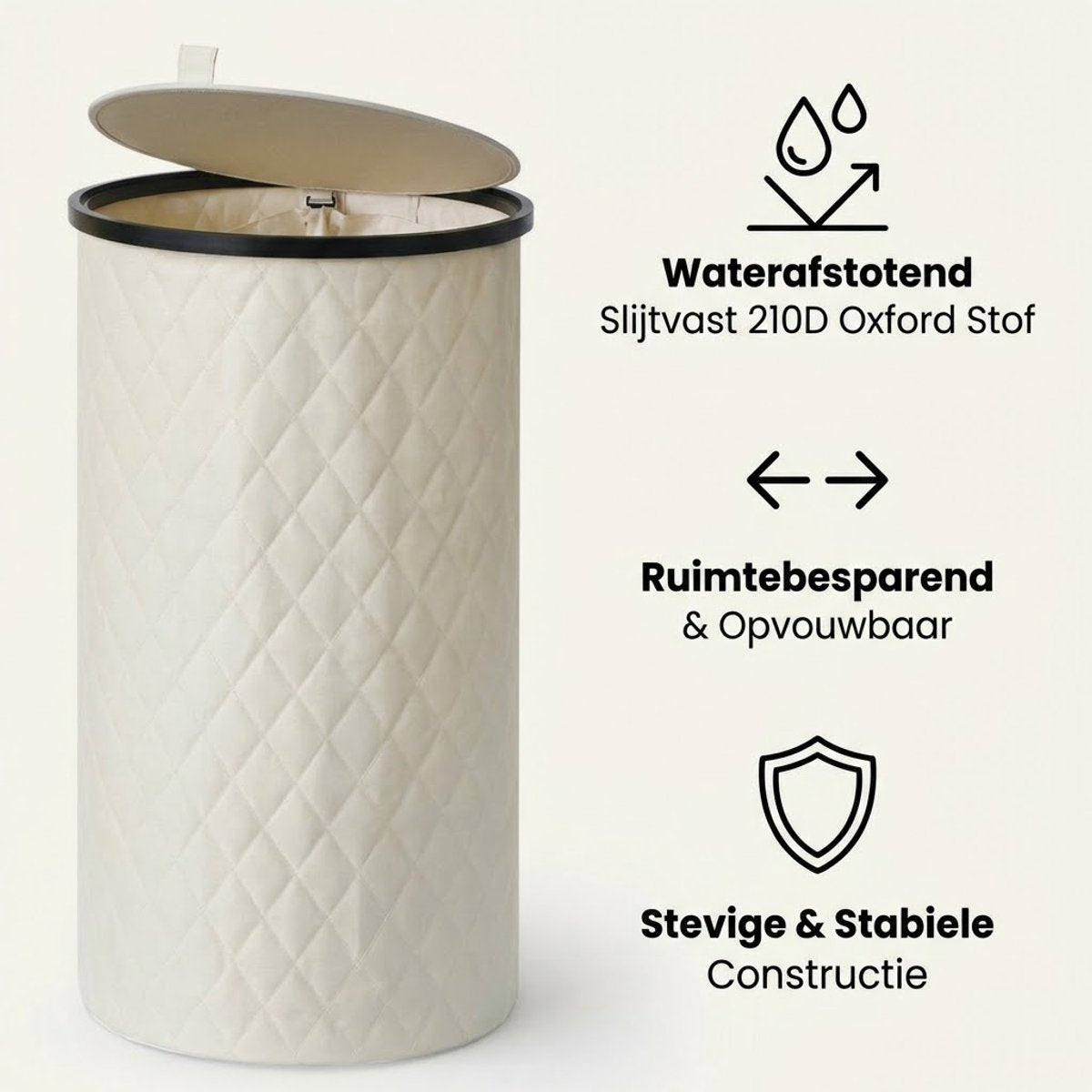 Luxe Wasmand Rond - 99 Liter - Diamond Stitch - Zwart - Met Deksel & Uitneembare Waszak - Hoog & Smal Design - 38x69 cm
