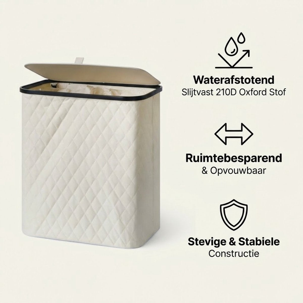 MAZAZU Wasmand met Deksel & Uitneembare Waszak - XXL 132 Liter - Diamond Stitch - Bamboe Frame - Crème Wit - 57x37x63 cm