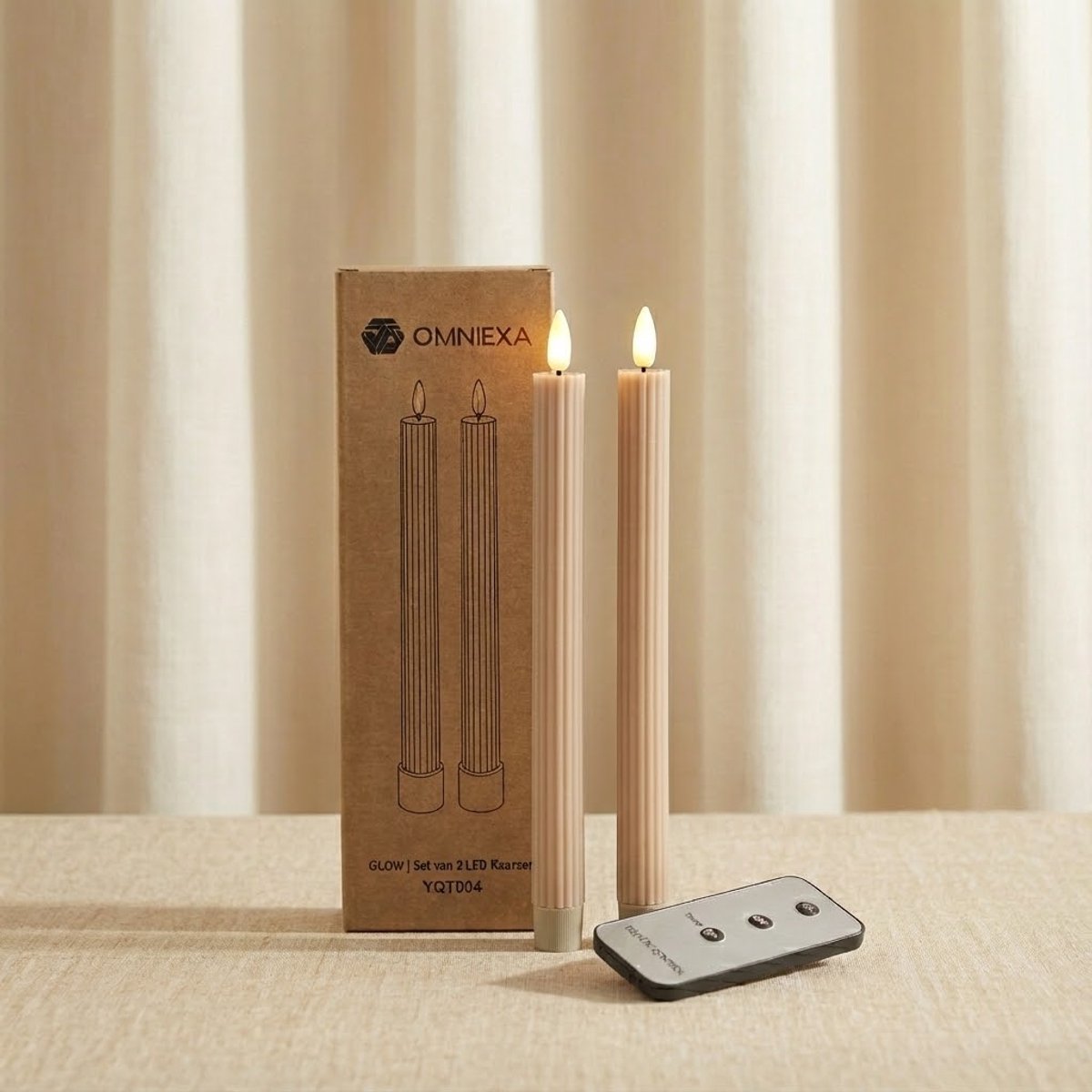 OMNIEXA LED Dinerkaarsen Set (2 Stuks) - Ribbed Design Taupe - 24,5cm