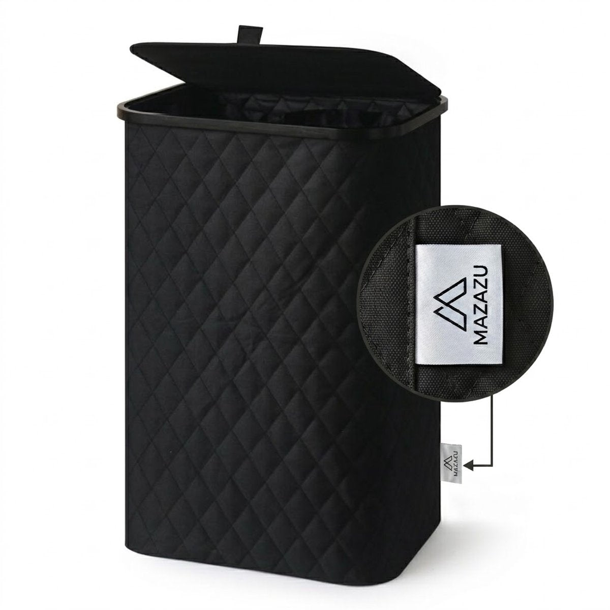 MAZAZU Wasmand met Deksel - Diamond Stitch - 100 Liter - Uitneembare Binnenzak - Bamboe Frame - Zwart - Opvouwbare Wasbox - 44x33x69 cm