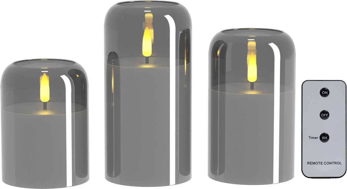OMNIEXA LED Glaskaarsen Set (3 Stuks) - 3D Vlam - Smoked Grey / Rookglas