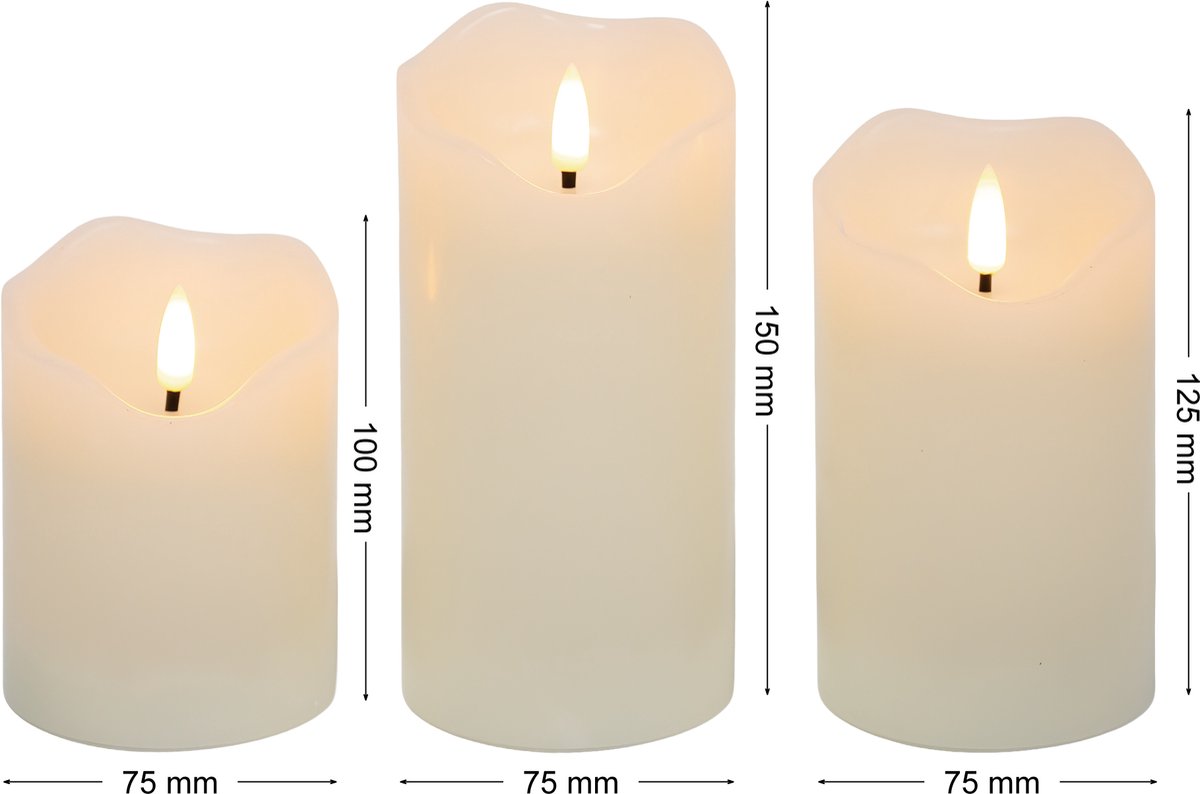 OMNIEXA LED Stompkaarsen Set (3 Stuks) - Wave Top & Glad Design - Crème
