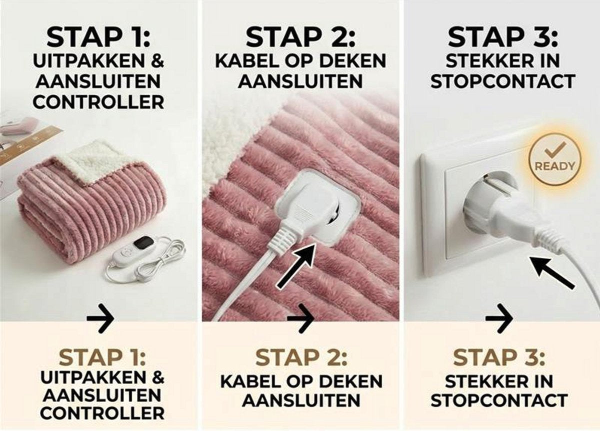 OMNIEXA elektrische warmtedeken roze 180x160 cm - in 3 stappen aansluiten