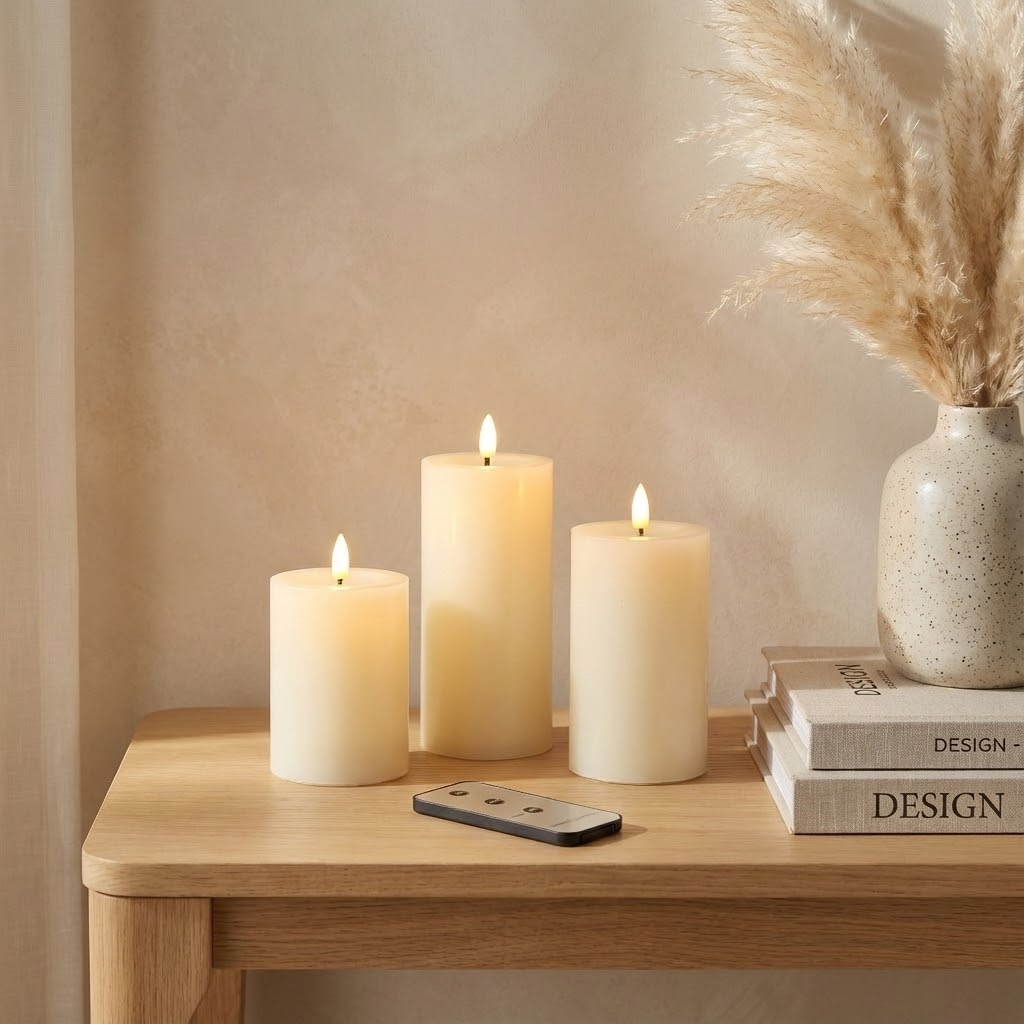 OMNIEXA LED Kaarsen Set (3 Stuks) - Echte Was - Glad Design met Gesmolten Top - Creme - Met Afstandsbediening & Timer - 3D Vlam