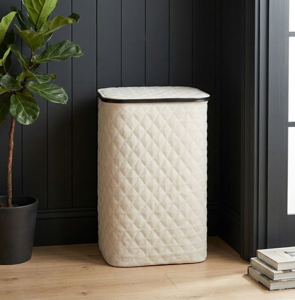MAZAZU Wasmand met Deksel - 100 Liter - Uitneembare Binnenzak - Bamboe Frame - Crème Wit - Opvouwbare Wasbox - 44x33x69 cm