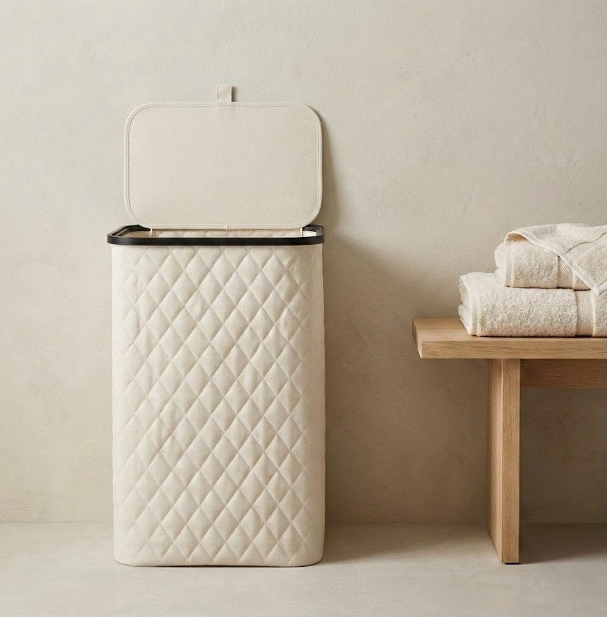 MAZAZU Wasmand met Deksel - 100 Liter - Uitneembare Binnenzak - Bamboe Frame - Crème Wit - Opvouwbare Wasbox - 44x33x69 cm