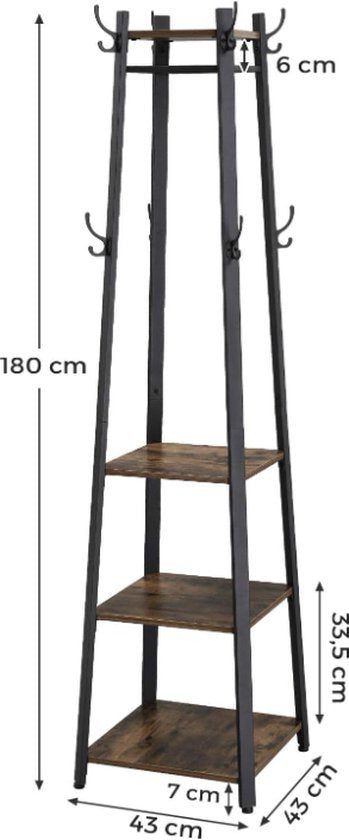Industriële Kapstok Staand met 3 Planken - Vintage Bruin & Zwart - 180cm Hoog - Garderoberek met 8 Haken - Hal Meubel - Smal & Ruimtebesparend