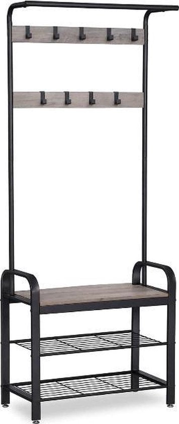 MAZAZU Garderoberek met Zitbank - Kapstok met Schoenenrek - 72x33,7x183 cm - Grijs Zwart
