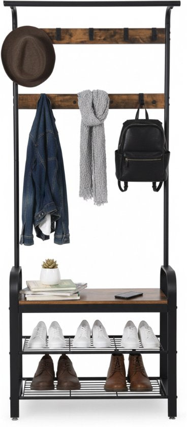 MAZAZU Kapstok met Schoenenrek, Industrieel, Bruin/Zwart, 72x34x183 cm – foto 2