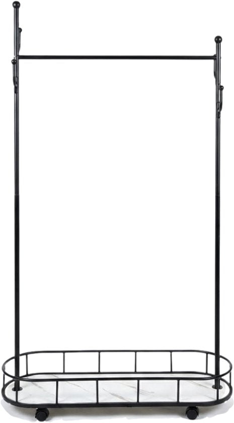 MAZAZU Luxe Kledingrek op Wielen - Zwart & Marmerlook - 177cm Hoog - Verrijdbaar Garderoberek met Schoenenplateau & Haken - Modern Industrieel Design