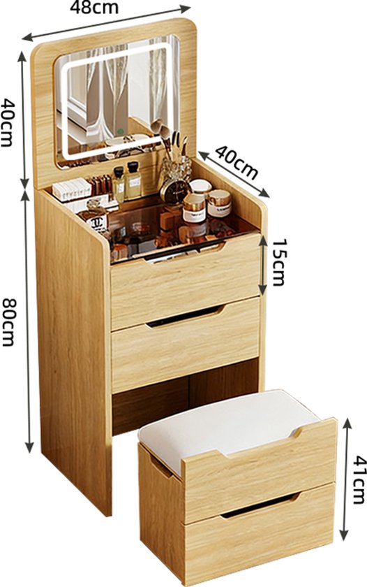 MAZAZU Kaptafel met LED-spiegel, Nachtkastje en Krukje, Naturel Hout, 120x48x40 cm – foto 2