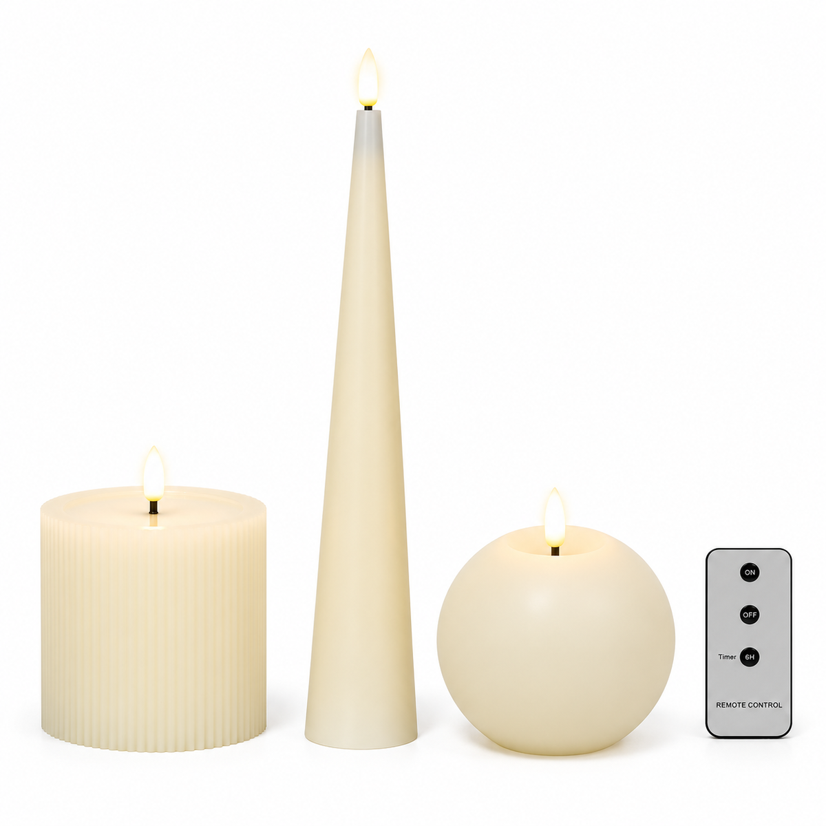 OMNIEXA LED Kaarsen Set van 3, Echte Was met 3D-vlam, Afstandsbediening en 6-uurs Timer – Geribbelde Stompkaars, Kegelkaars 33,5 cm & Bolkaars, Crème