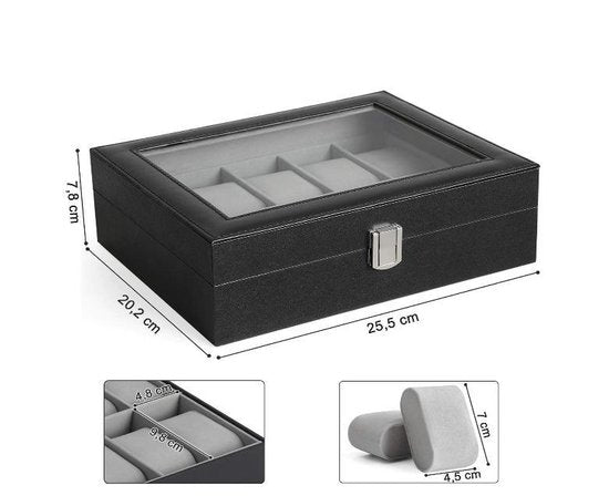 MIRA Home - Horlogedoos - Sieradendoos - Luxe - Zwart - Grijs - 25,4x20,2x7,8