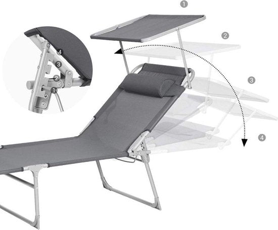 MIRA Home Ligbed met Zonnescherm - Verstelbaar - 193x32x63cm - Grijs - Tuinligstoel