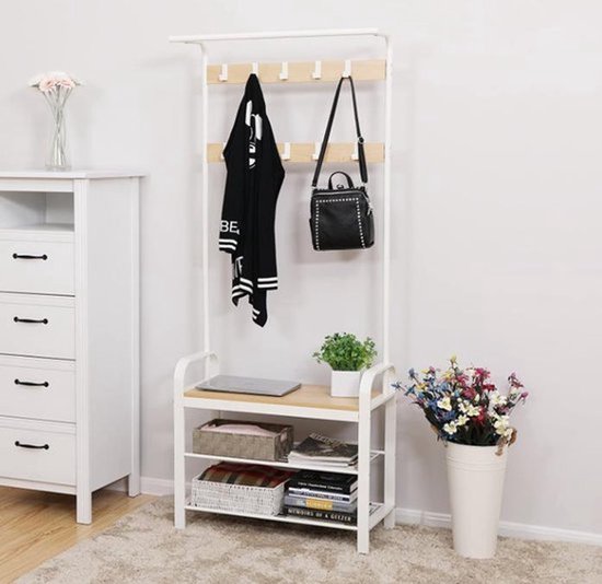 MAZAZU Kapstok met Schoenenrek en Zitbank - Staande Kapstok - Industrieel - Crème - 72x33,7x183 cm