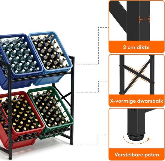 MAZAZU Krattenrek voor 4 Kratten - Drankenrek - Opbergrek Metaal 2 Etages - 70x32x79 cm - Zwart