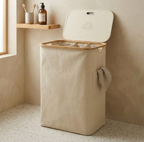 MAZAZU Wasmand 3 Vakken 150L met Deksel, Beige & Bamboe – foto 7