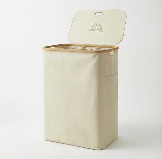 MAZAZU Wasmand 3 Vakken 150L met Deksel, Beige & Bamboe – foto 2