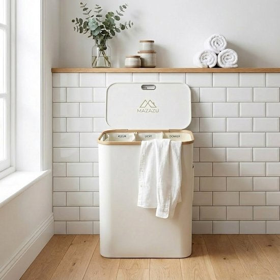 MAZAZU Wasmand 3 Vakken 150L met Deksel, Beige & Bamboe