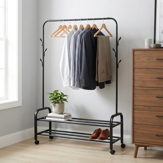 MAZAZU Industrieel Kledingrek Zwart - 165cm Hoog - Minimalistisch Garderoberek met Schoenenrooster & Haken - A-Frame Design - Staand