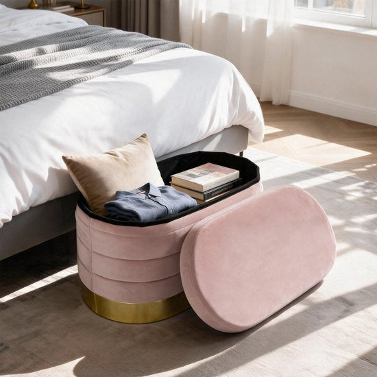 MAZAZU Opvouwbare Opbergbank met Opbergruimte - Ovaal - Velvet - Roze met Goud - 80 x 40 x 38 cm