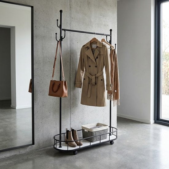 MAZAZU Luxe Kledingrek op Wielen - Zwart & Marmerlook - 177cm Hoog - Verrijdbaar Garderoberek met Schoenenplateau & Haken - Modern Industrieel Design