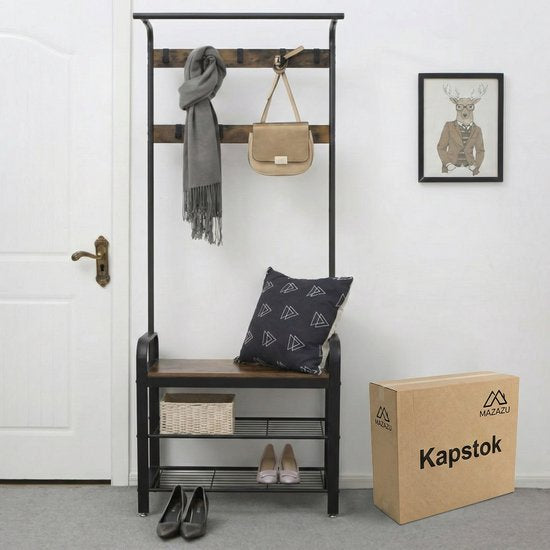 MAZAZU Kapstok met Schoenenrek, Industrieel, Bruin/Zwart, 72x34x183 cm – foto 3