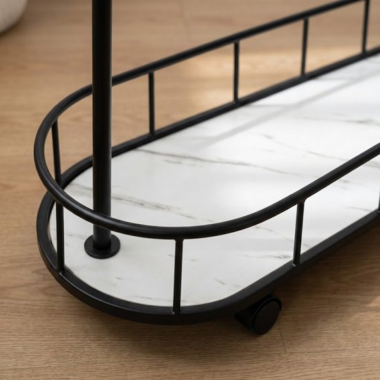 MAZAZU Luxe Kledingrek op Wielen - Zwart & Marmerlook - 177cm Hoog - Verrijdbaar Garderoberek met Schoenenplateau & Haken - Modern Industrieel Design